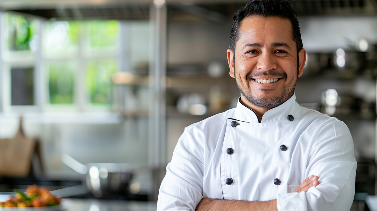 A_confident_personal_chef_in_professional_attire Personal chef standing in a home kitchen smiling