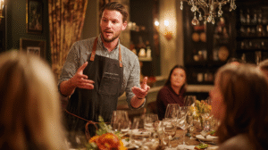 A private chef describing a dish to his clients