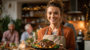 A pretty female private chef presenting a dish to her clients