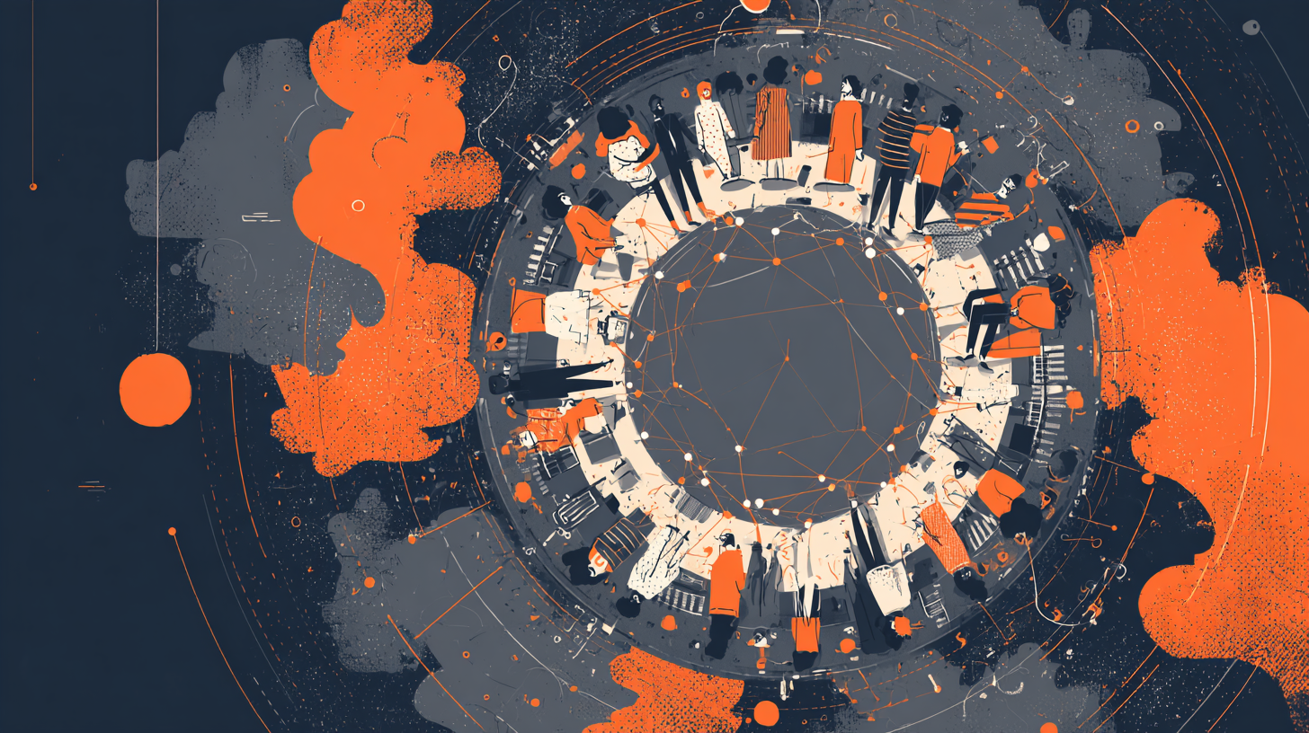 An abstract image of chefs in a circle