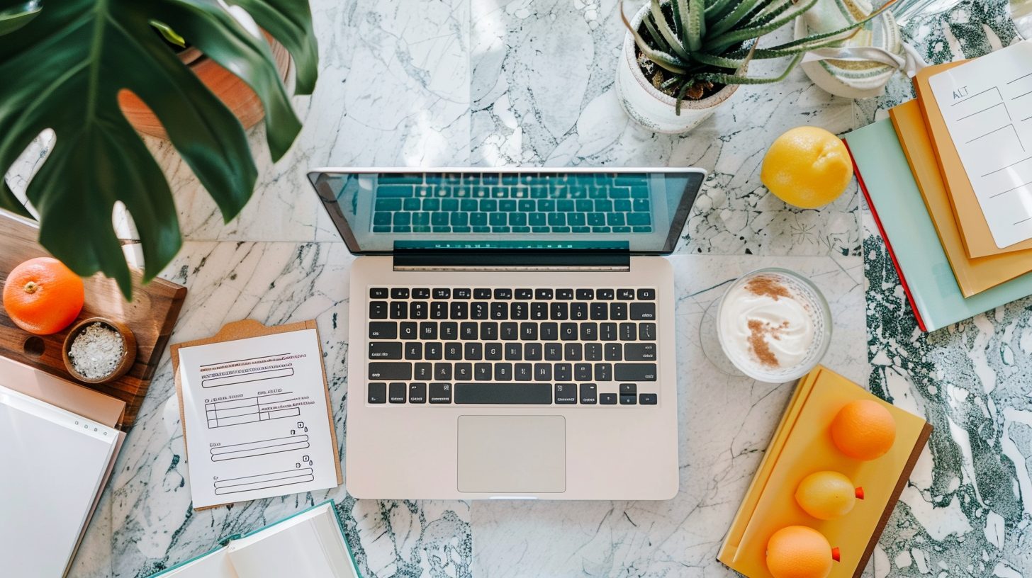 Flat lay of a laptop, recipe cards, and checklists neatly organized on a kitchen table, overhead shot, bright and clean design