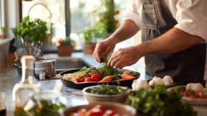 A chef preparing vegetables in a home kitchen