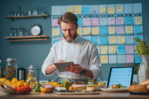 A busy chef doing multiple things