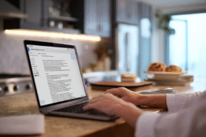 A chef writing a newsletter on a laptop computer