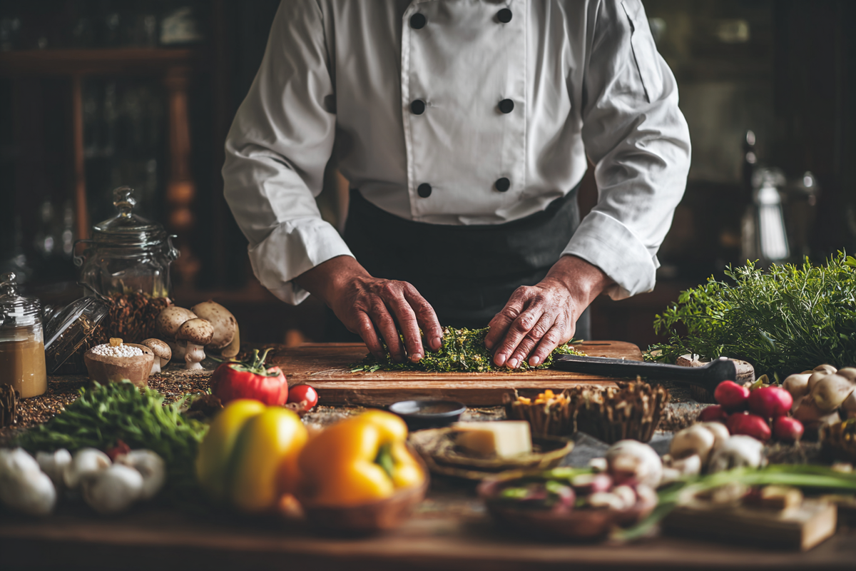 A private chef preparing a meal in a client's home