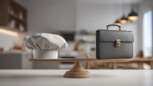 A chef hat and a briefcase balanced on a scale