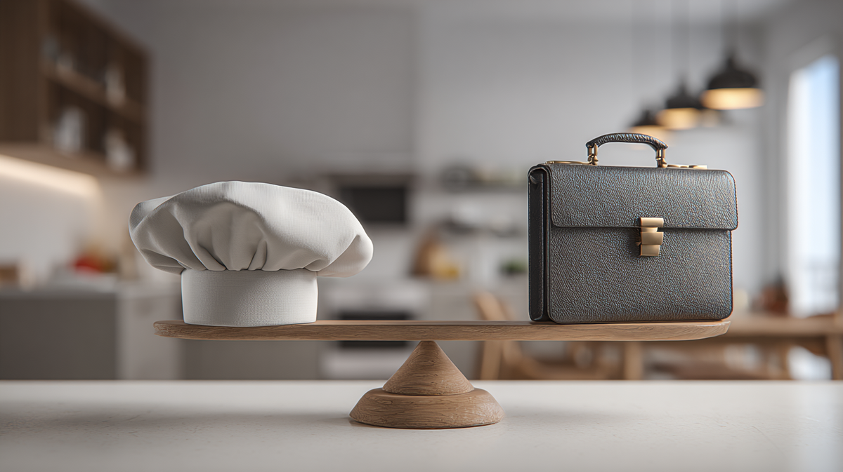A chef hat and a briefcase balanced on a scale