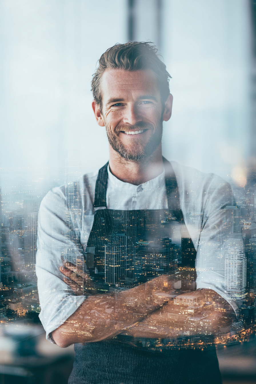 A confident chef with a business overlay
