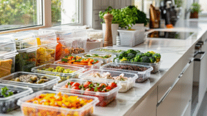 Meal prep organized in containers on a counter