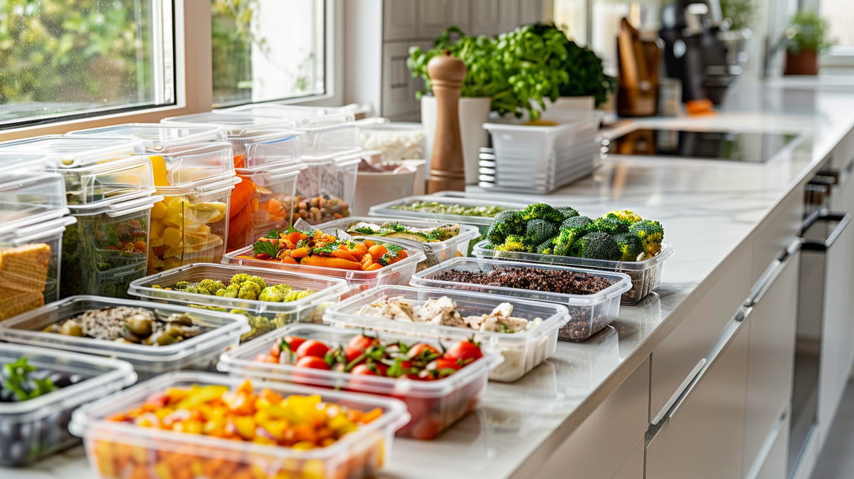 Meal prep organized in containers on a counter