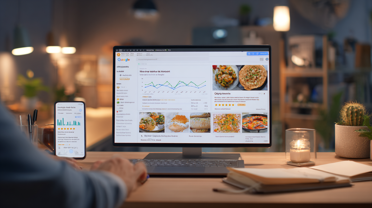 Chef looking at website SEO data on laptop