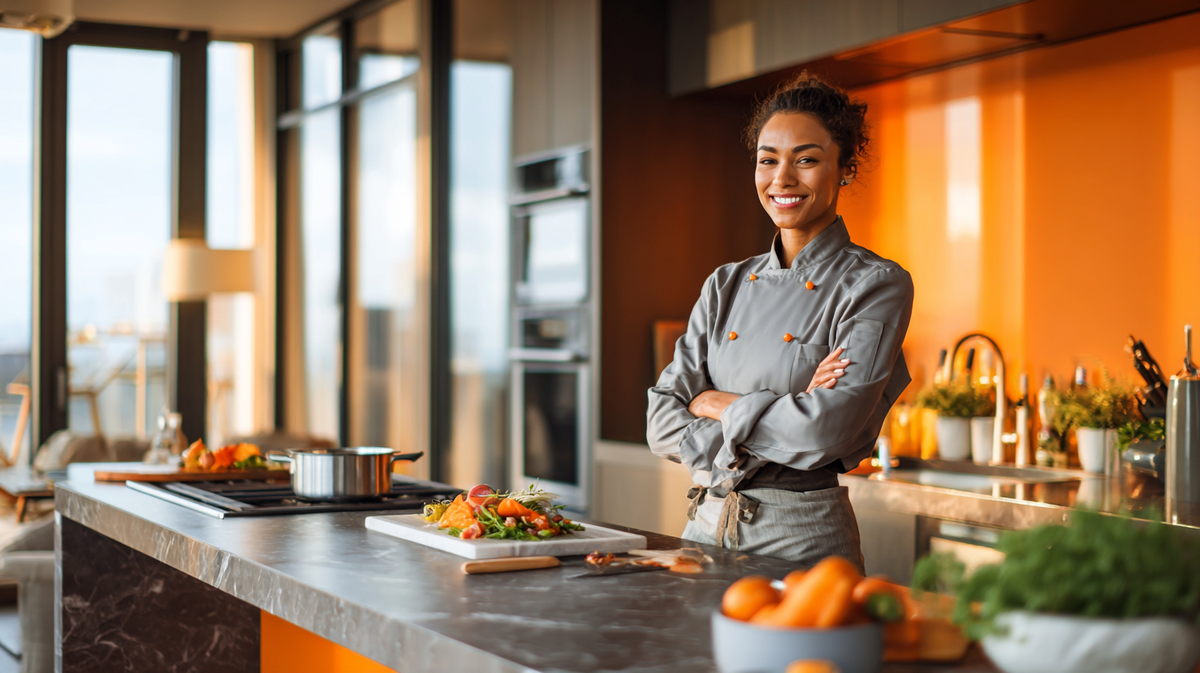 An image of a professional private chef standing confidently in a modern kitchen