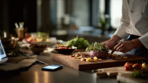 A private chef cooking in a kitchen with a phone and computer
