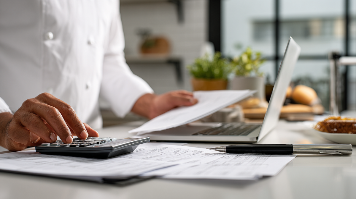 A chef looking at documents and a computer