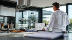 A chef looking at a computer in a private kitchen