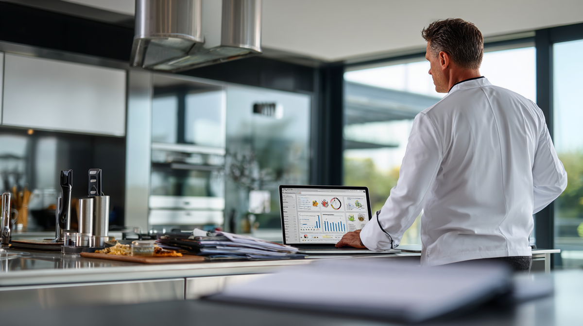 A chef looking at a computer in a private kitchen