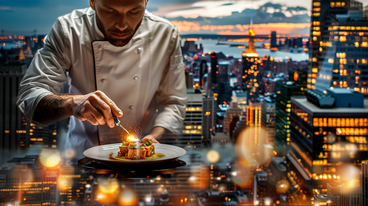 A private chef standing plating in front of an iconic skyline