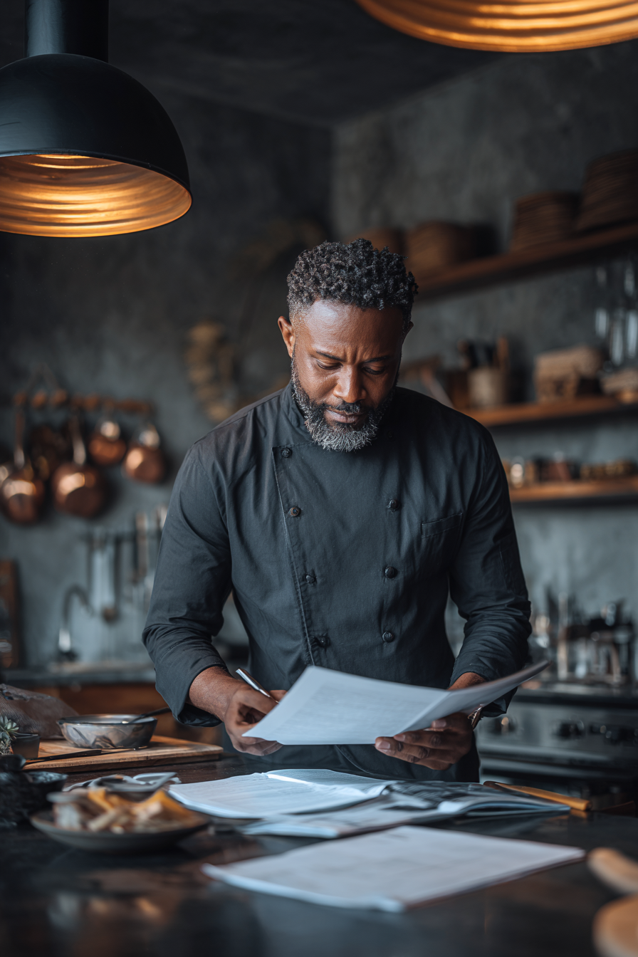 private_chef_in_a_luxurious_organized_kitchen A private chef reviewing his business system documents